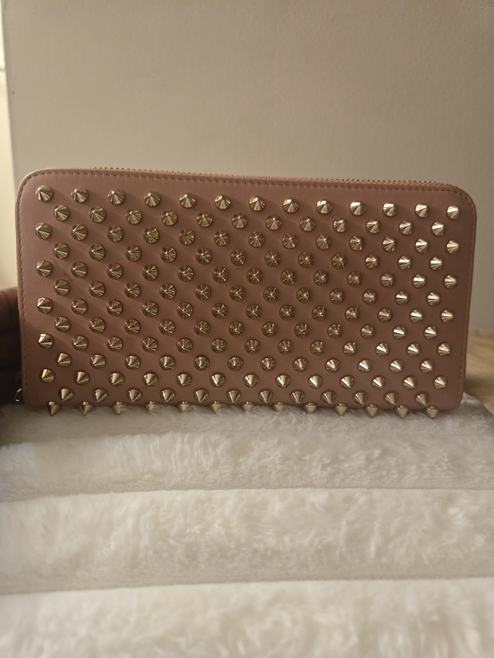 Christian Louboutin Blush Pink Studded Zip-Around Wallet with Gold Spikes